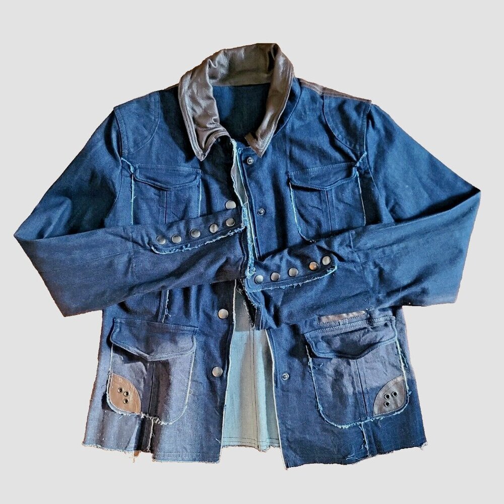 Blue denim jacket raw edge leather accents silver tone buttons size Women's M